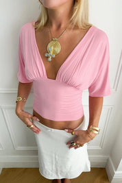 Y2K Pink Plunging V Neck Ruched Bust Crop Top