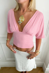 Y2K Pink Plunging V Neck Ruched Bust Crop Top