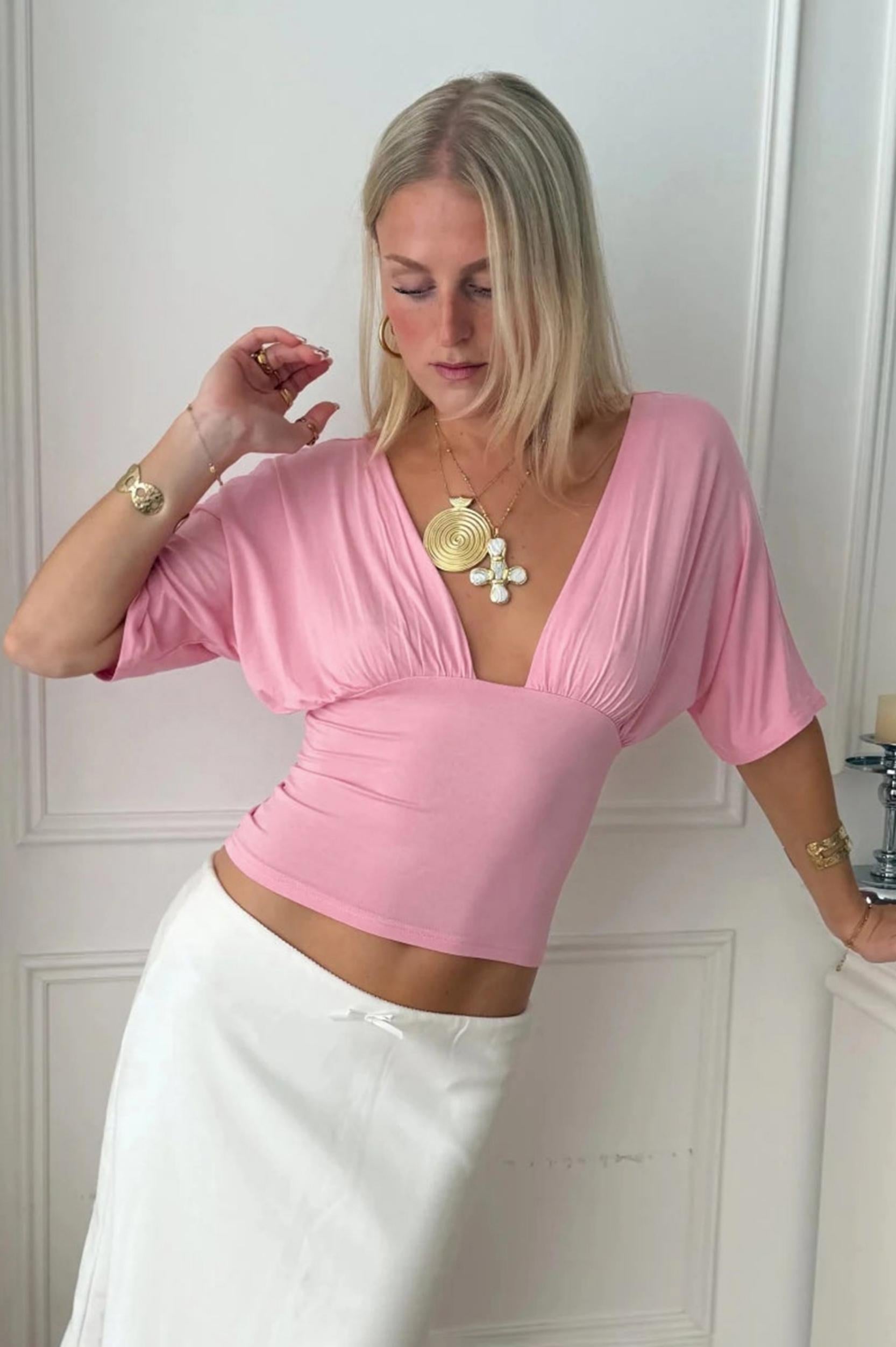 Y2K Pink Plunging V Neck Ruched Bust Crop Top