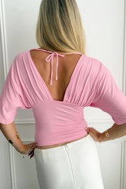 Y2K Pink Plunging V Neck Ruched Bust Crop Top