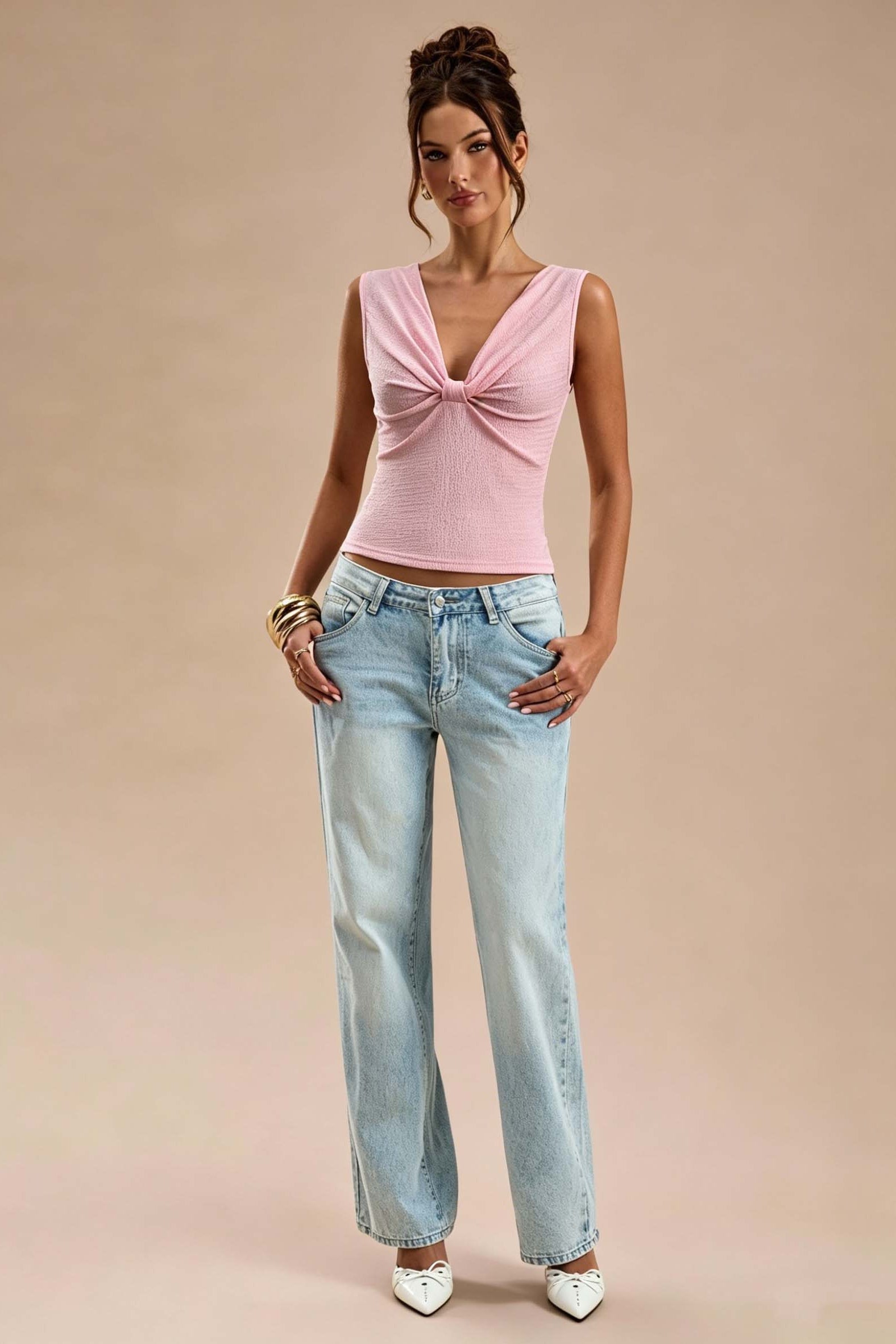 Pink Twist Front V-Neck Tank Top
