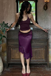 Halter Cami Top and Asymmetrical Lace Trim Midi Skirt Set