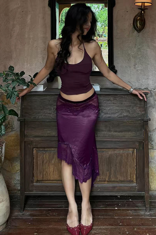 Halter Cami Top and Asymmetrical Lace Trim Midi Skirt Set