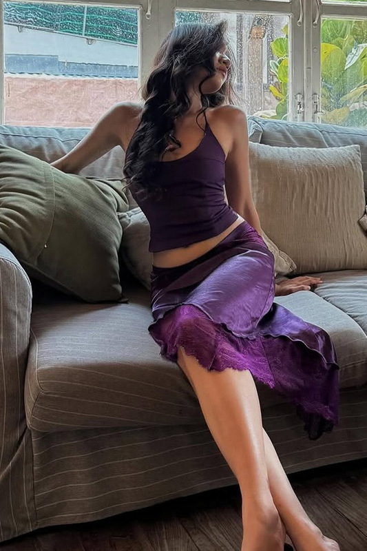 Halter Cami Top and Asymmetrical Lace Trim Midi Skirt Set