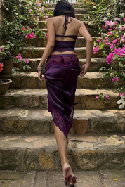 Halter Cami Top and Asymmetrical Lace Trim Midi Skirt Set