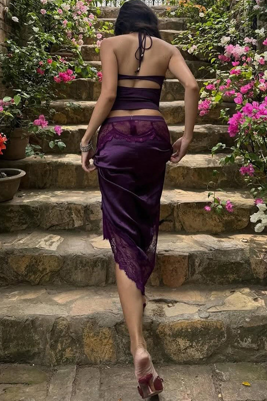 Halter Cami Top and Asymmetrical Lace Trim Midi Skirt Set