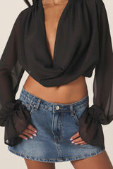 Plunging Cowl Neck Long Sleeve Crop Top