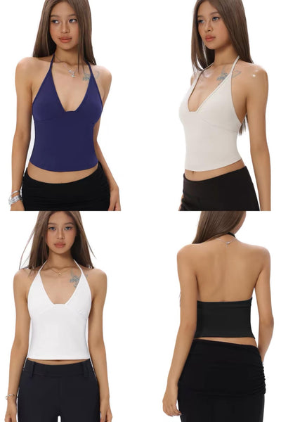 Plunging V-Neck Halter Backless Crop Top