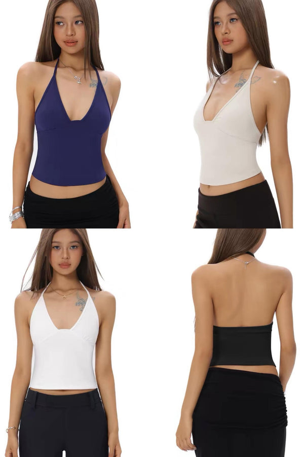 Plunging V-Neck Halter Backless Crop Top
