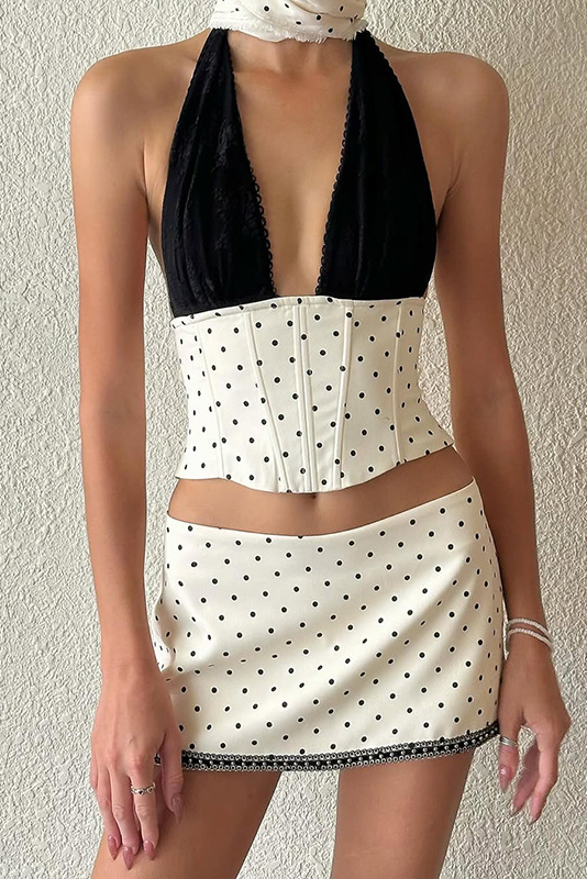 Polka Dot Halter Corset Top and Mini Skirt Set