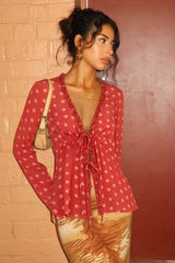 Polka Dot Ruffle Tie-Front Long Sleeve Blouse