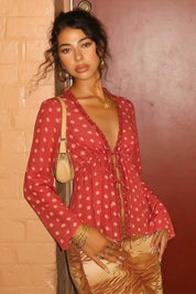 Polka Dot Ruffle Tie-Front Long Sleeve Blouse