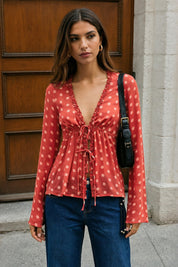 Polka Dot Ruffle Tie-Front Long Sleeve Blouse