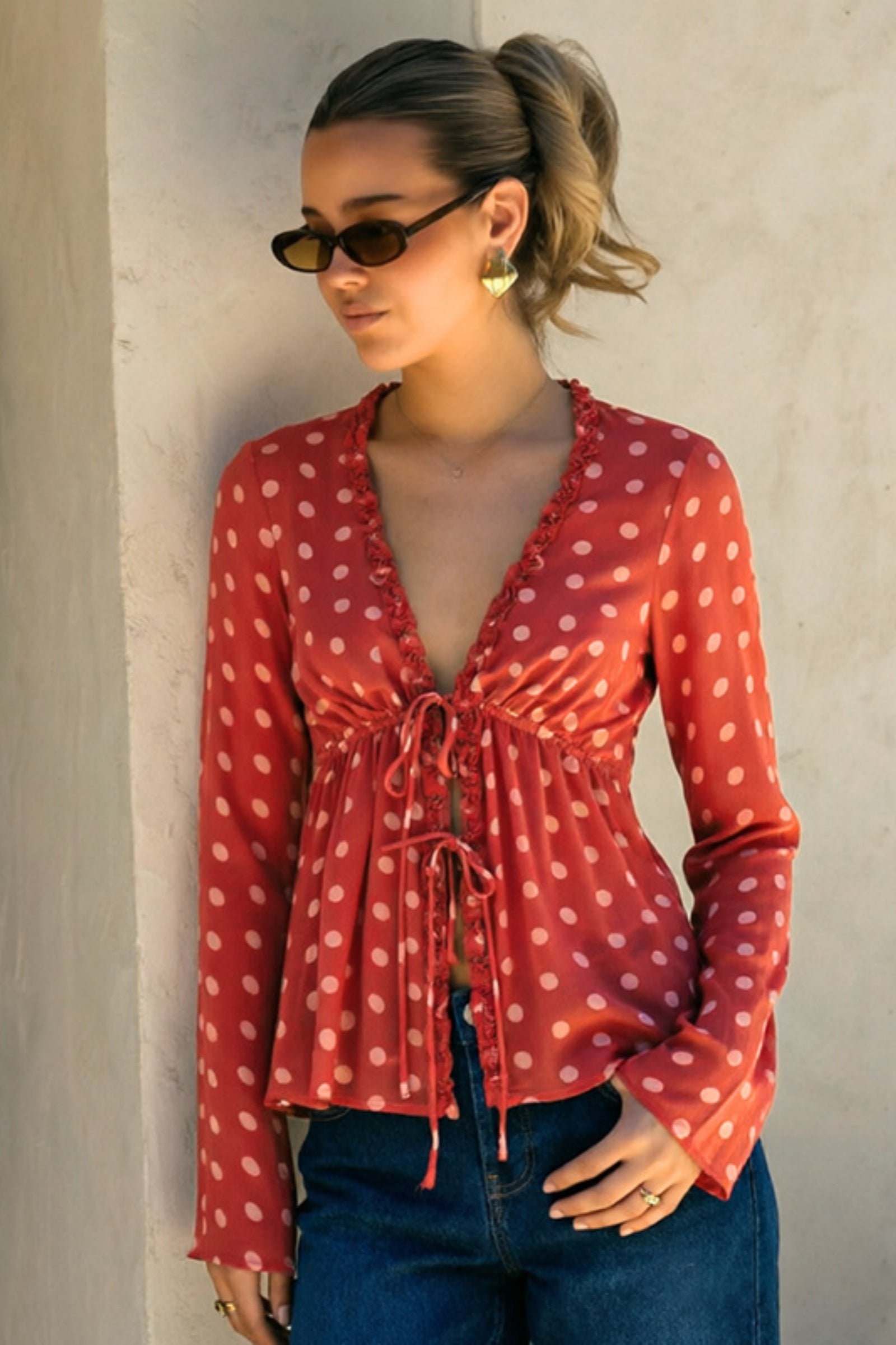 Polka Dot Ruffle Tie-Front Long Sleeve Blouse
