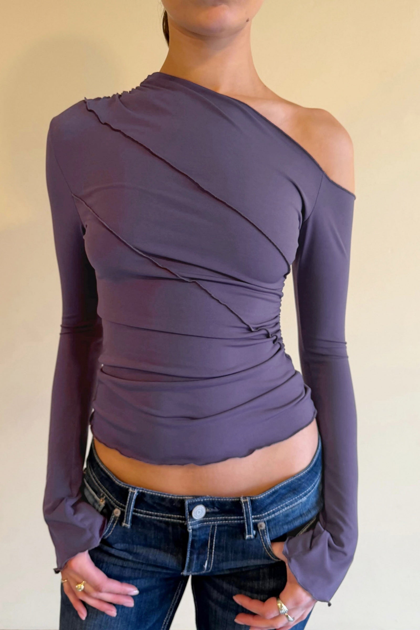Purple Asymmetrical One Shoulder Seam Long Sleeve Top