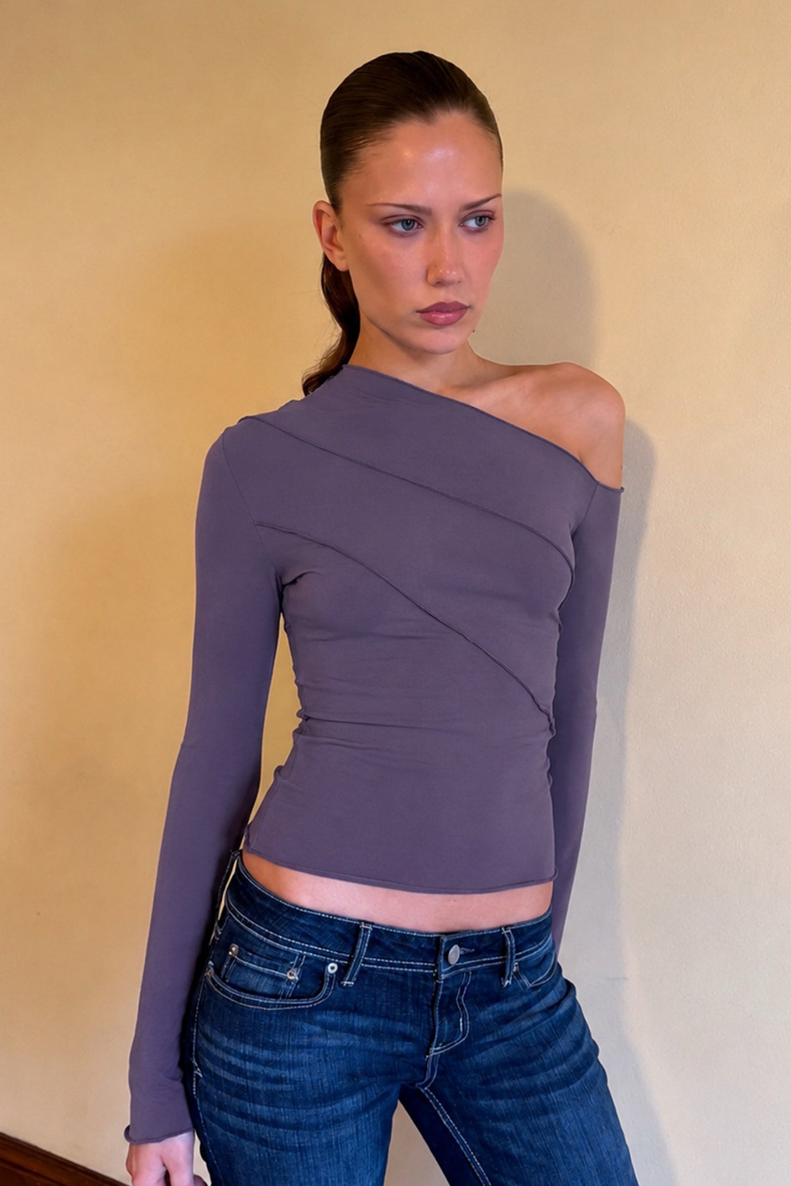 Purple Asymmetrical One Shoulder Seam Long Sleeve Top