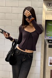 Lace Trim Button Front Long Sleeve Purple Top