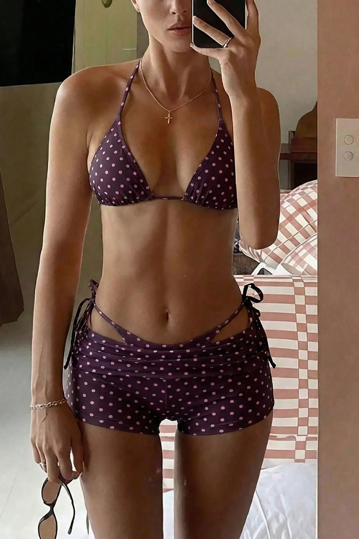 Purple & White Polka Dot Triangle Bikini Set