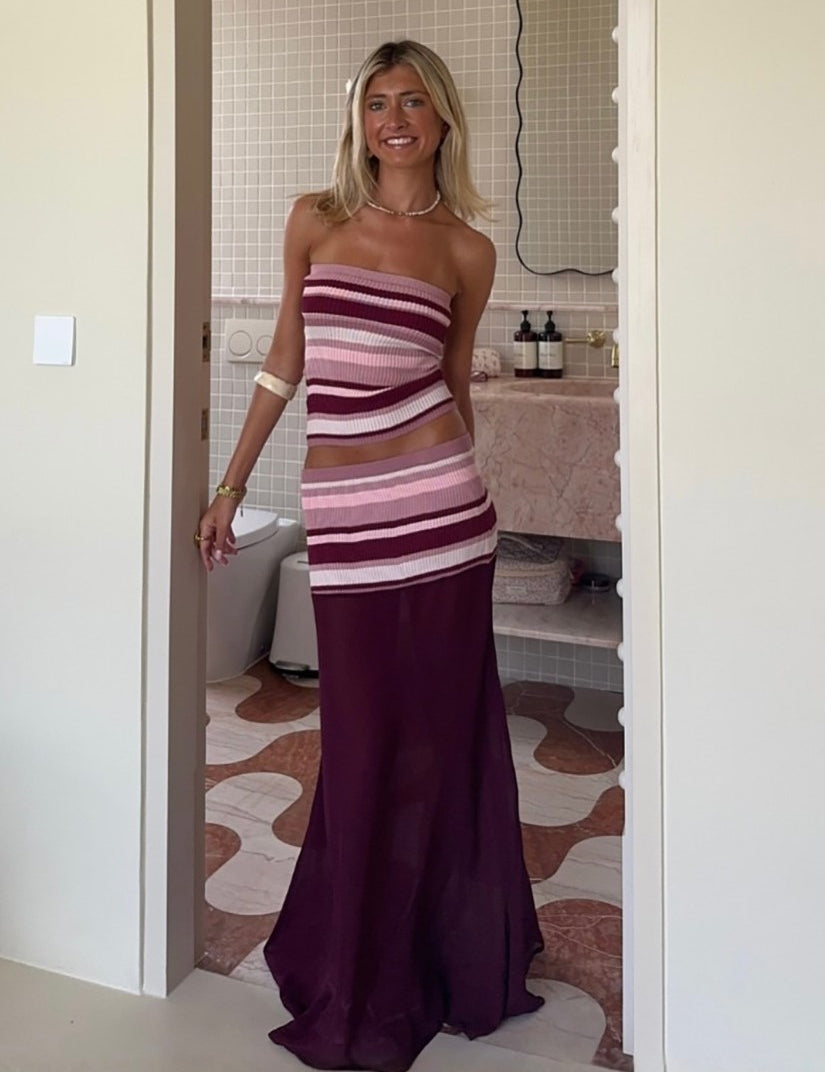 Striped Knit Tube Top & Chiffon Maxi Skirt Set