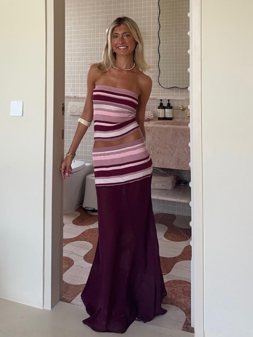 Striped Knit Tube Top & Chiffon Maxi Skirt Set