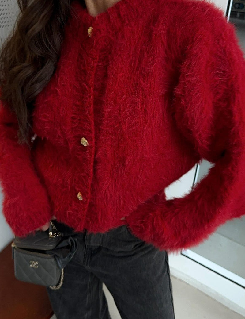 Cozy Red Fluffy Knit Cardigan with Gold Buttons