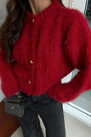 Cozy Red Fluffy Knit Cardigan with Gold Buttons
