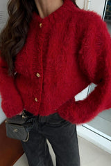 Cozy Red Fluffy Knit Cardigan with Gold Buttons
