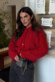 Cozy Red Fluffy Knit Cardigan with Gold Buttons
