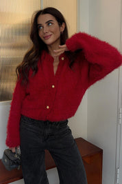 Cozy Red Fluffy Knit Cardigan with Gold Buttons