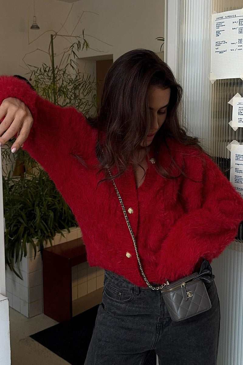 Cozy Red Fluffy Knit Cardigan with Gold Buttons