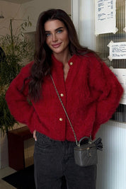 Cozy Red Fluffy Knit Cardigan with Gold Buttons