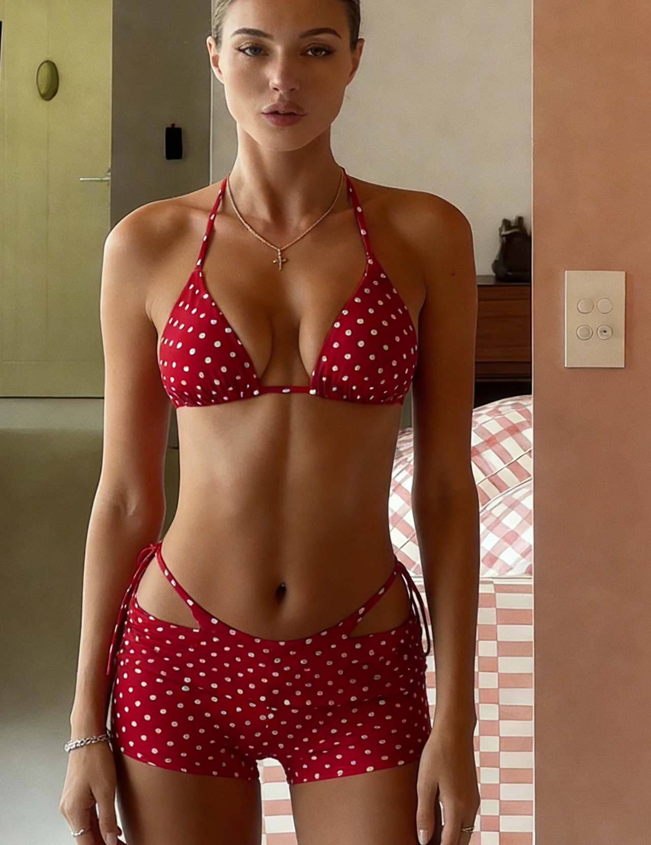 Red & White Polka Dot Triangle Bikini Set