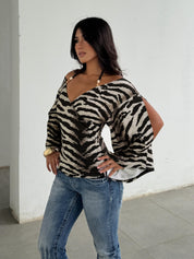 Zebra Print Wrap V Neck Cold Shoulder Blouse Top