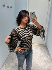 Zebra Print Wrap V Neck Cold Shoulder Blouse Top