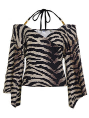 Zebra Print Wrap V Neck Cold Shoulder Blouse Top