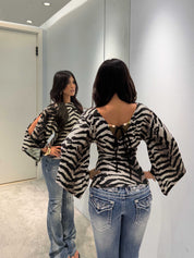 Zebra Print Wrap V Neck Cold Shoulder Blouse Top