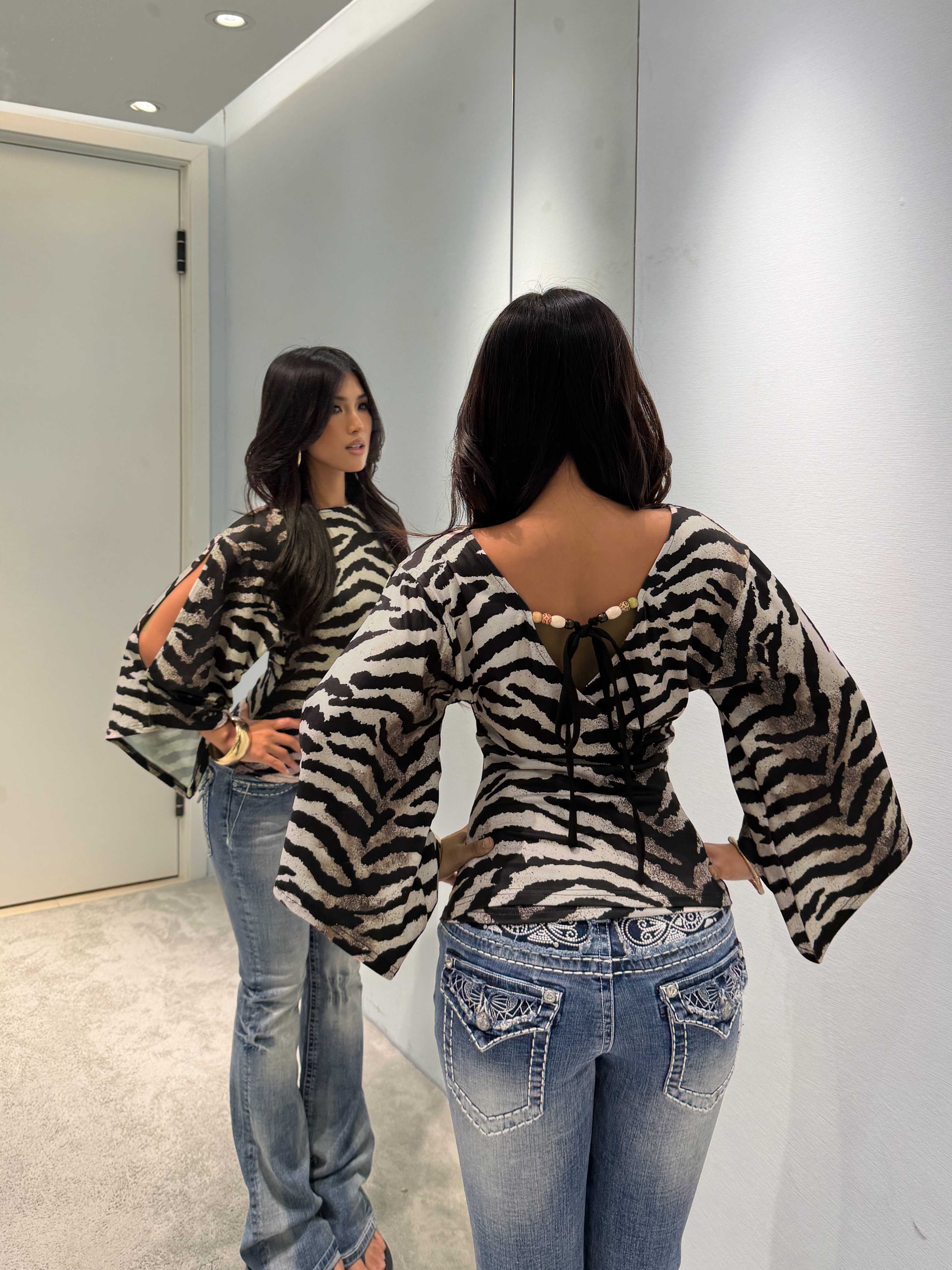 Zebra Print Wrap V Neck Cold Shoulder Blouse Top