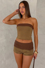 Retro Brown Stripe and Polka Dot Tube Top & Shorts