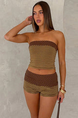Retro Brown Stripe and Polka Dot Tube Top & Shorts