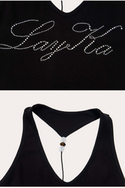 Rhinestone Letter Graphic Halter Crop Tank Top