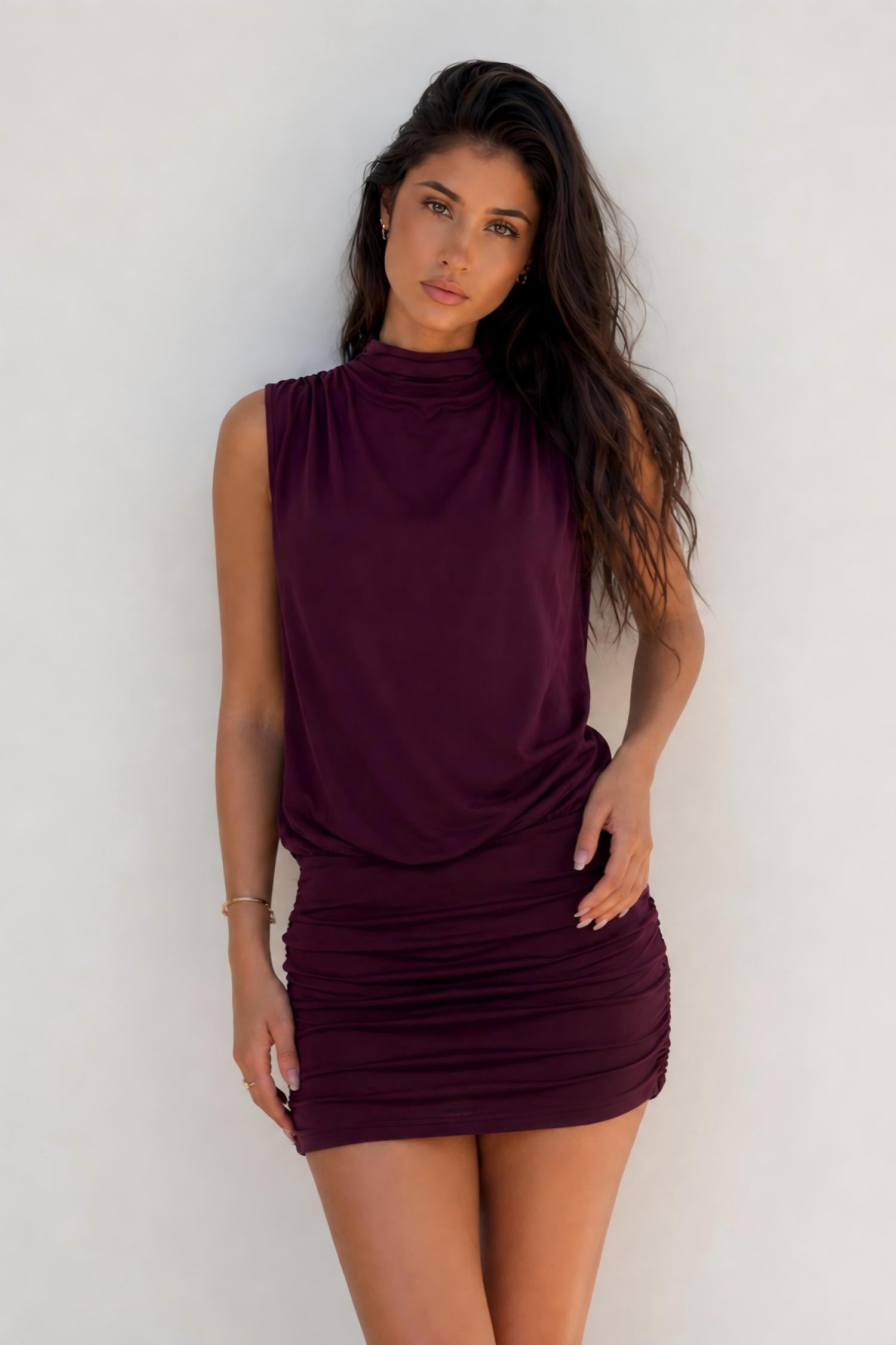 Plum Purple High Neck Ruched Bodycon Dress
