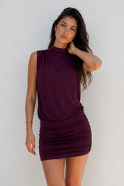 Plum Purple High Neck Ruched Bodycon Dress