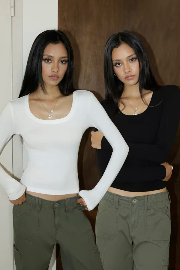 White Scoop Neck Long Sleeve Top
