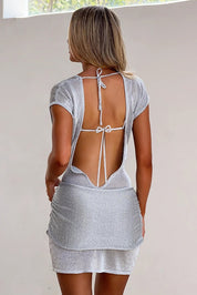 Sexy Silver Glitter Deep V-Neck Mini Dress