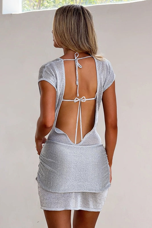 Sexy Silver Glitter Deep V-Neck Mini Dress