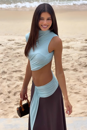 Sky Blue Ruched Cut-Out Set Top and Skirt