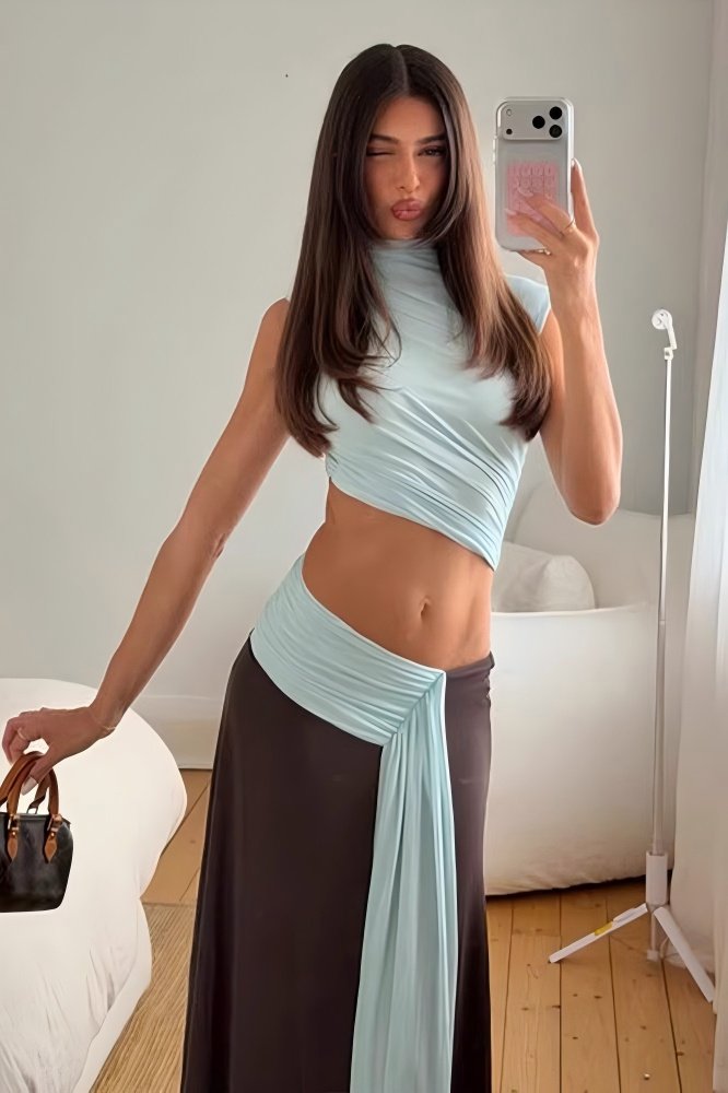 Sky Blue Ruched Cut-Out Set Top and Skirt