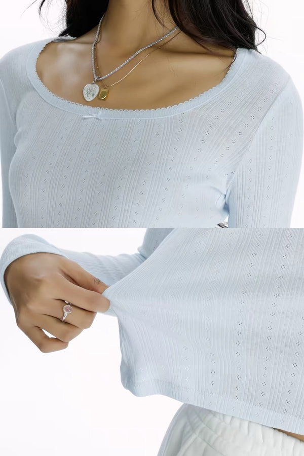 Slim Fit Ribbed Long Sleeve Bow Knit Top