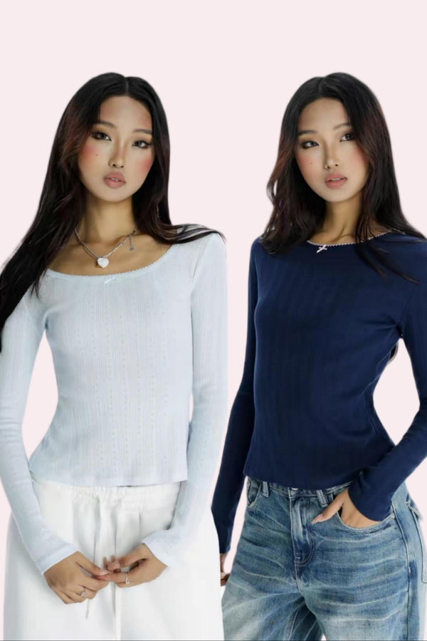 Slim Fit Ribbed Long Sleeve Bow Knit Top