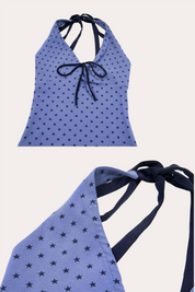 Star Print Tie-Front Halter Crop Tank Top